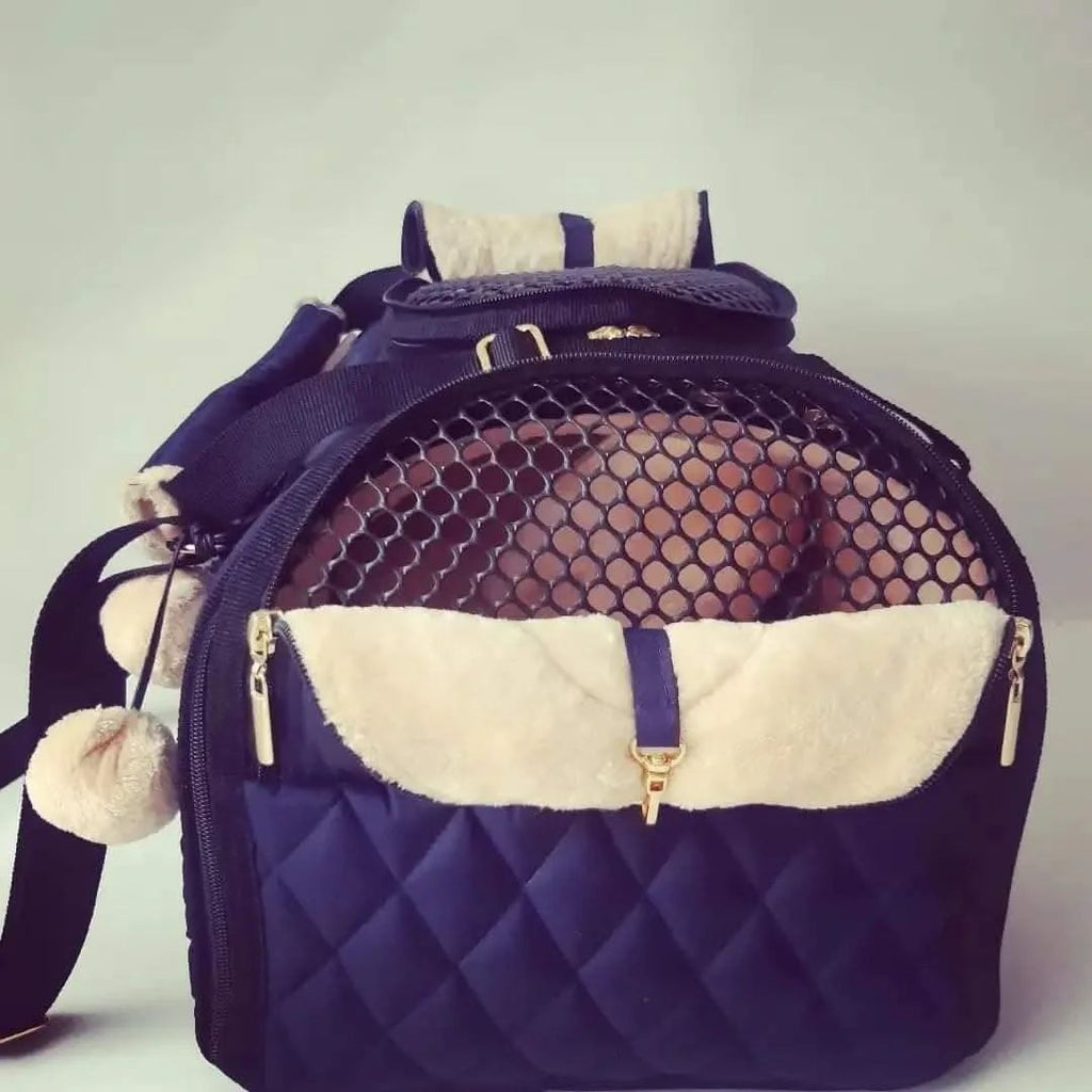 Vanilly pet set. Carrier made of waterproof fabric with warm lining, blanket and pillow. Dark blue/beige.