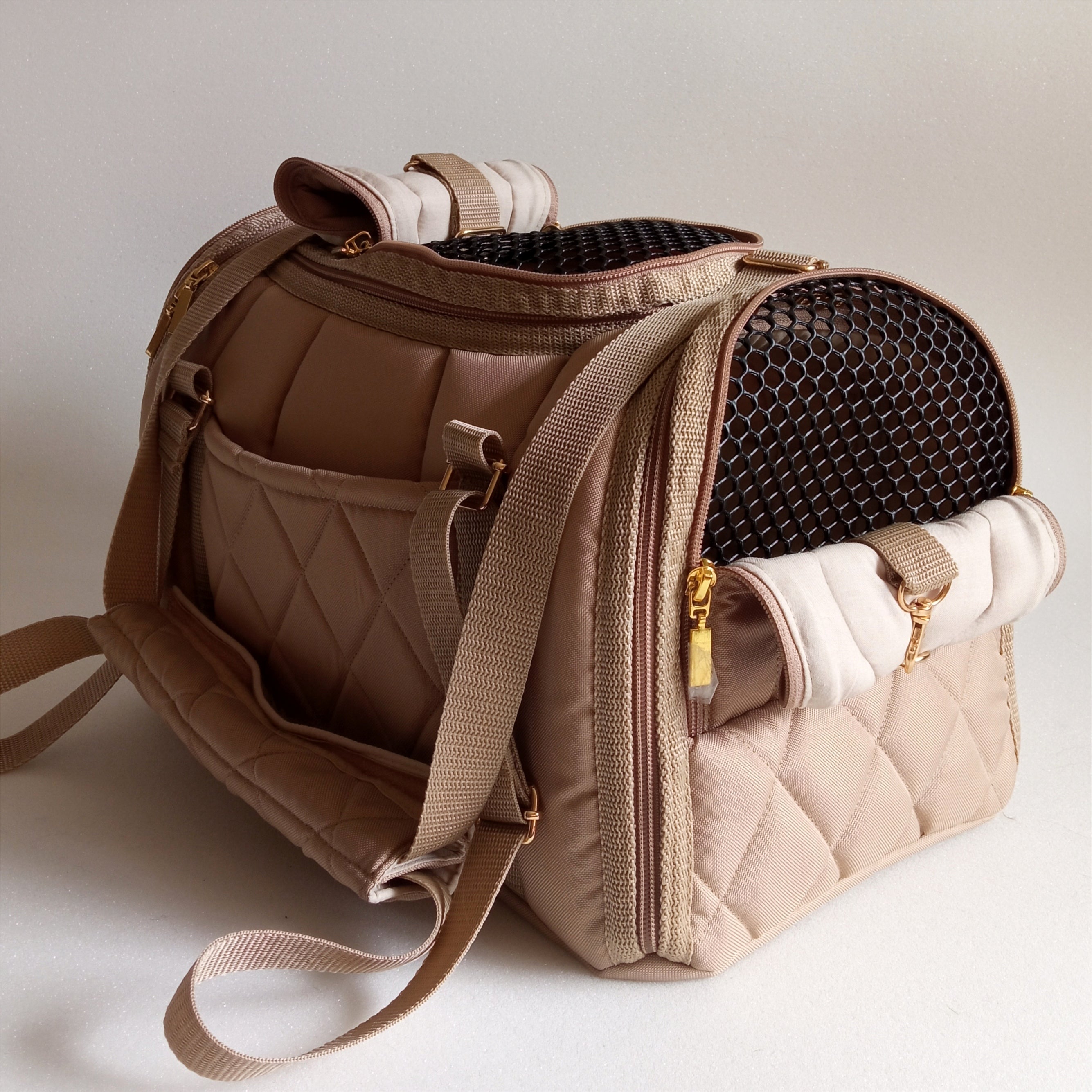 Pet carrier Travel box ( All beige with black mesh)