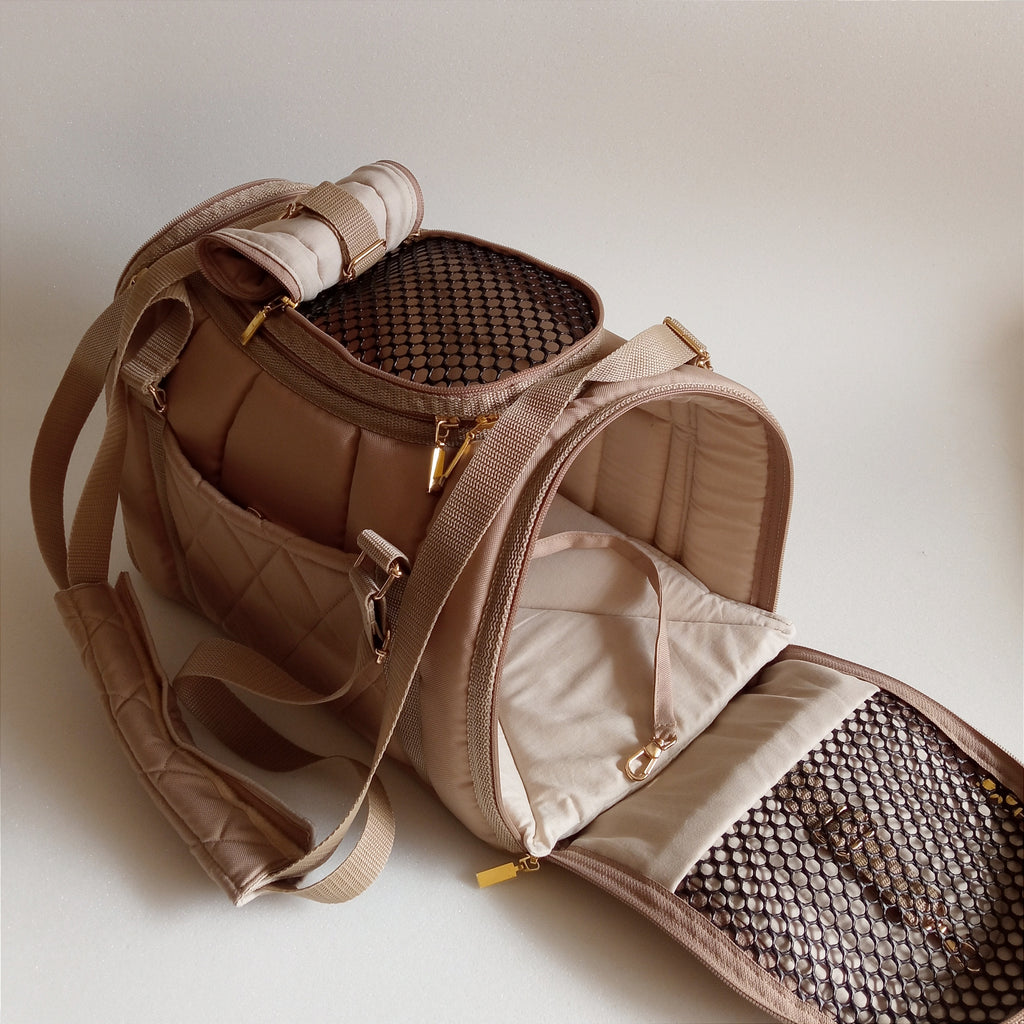 Pet carrier Travel box ( All beige with black mesh)