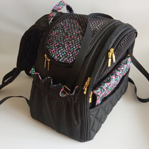Pet backpack for small dogs and cats ( Black fabric with floral cotton lining)