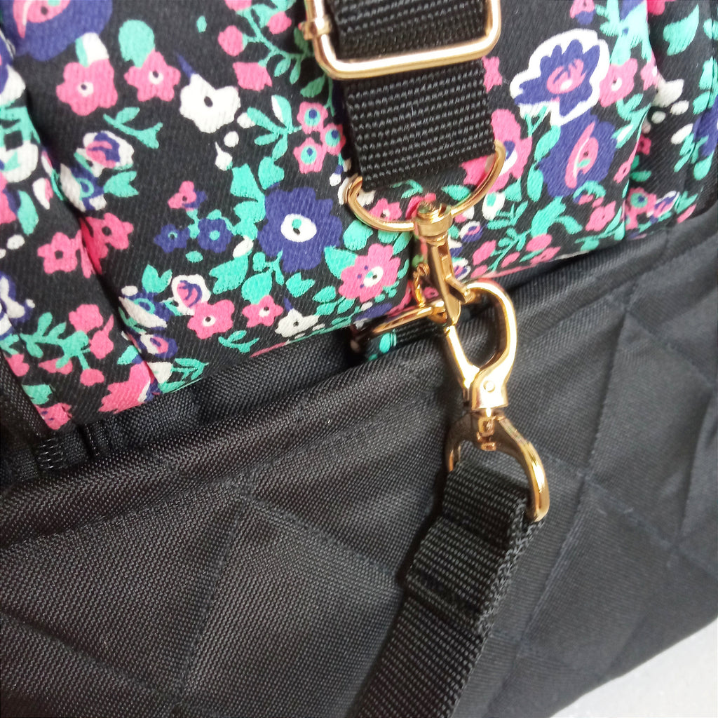 Pet backpack for small dogs and cats ( Black fabric with floral cotton lining)