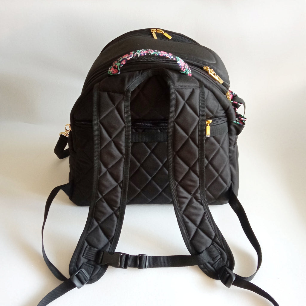 Pet backpack for small dogs and cats ( Black fabric with floral cotton lining)