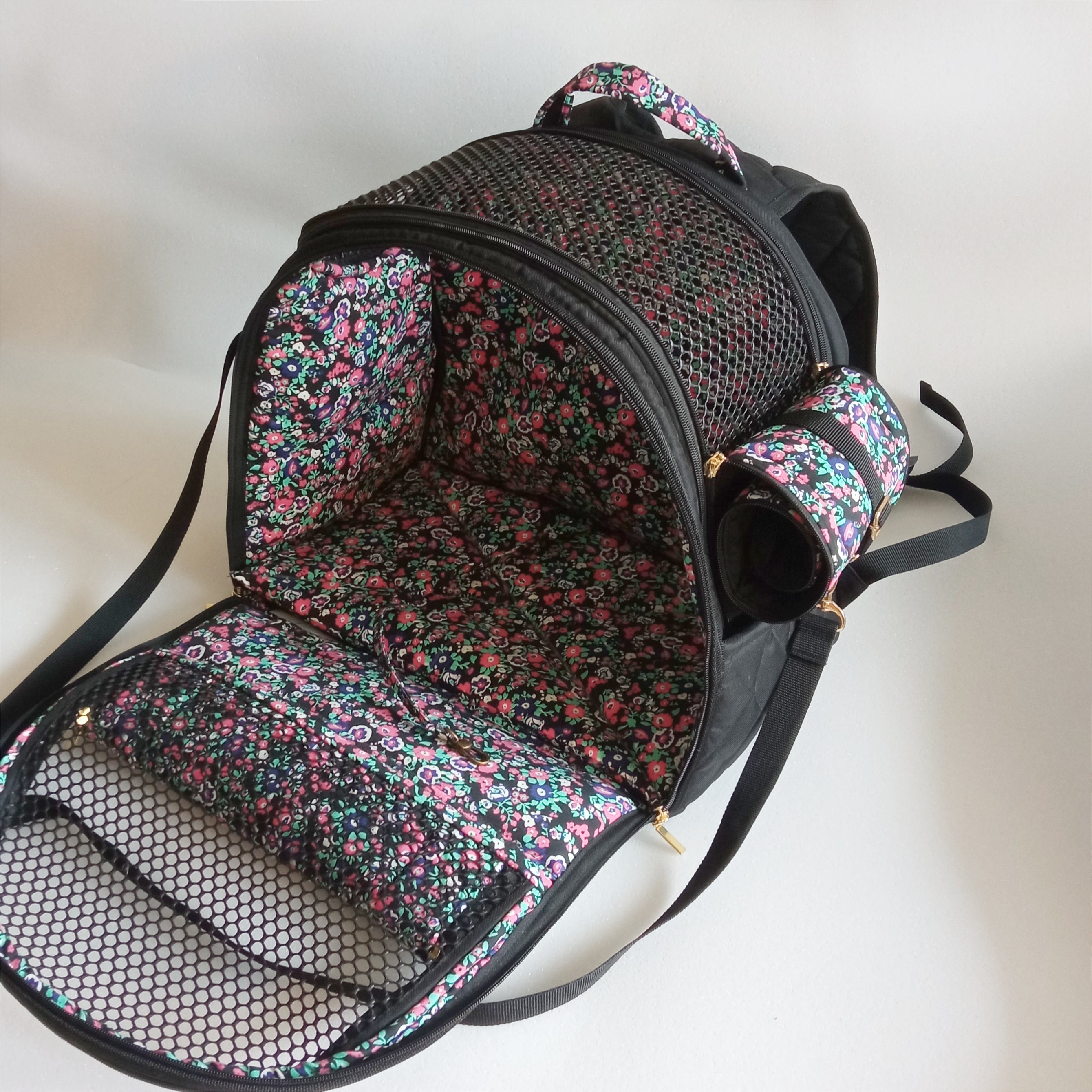 Pet backpack for small dogs and cats ( Black fabric with floral cotton lining)